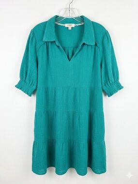 Umgee Teal Textured V-Neck Tiered Dress